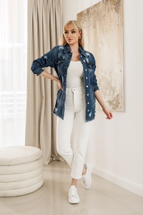 Jachetă din denim cu marginea de jos franjurată