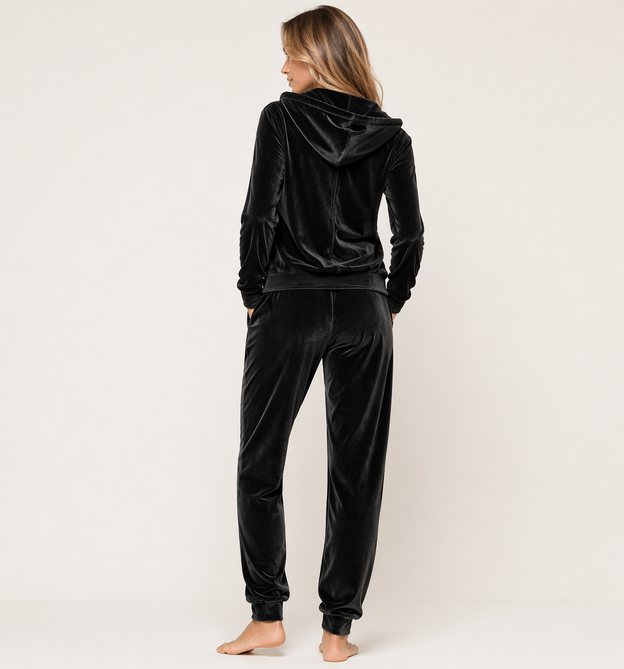 Trening de damă cu glugă și fermoar, negru – hanorac cu fermoar + pantaloni casual largi