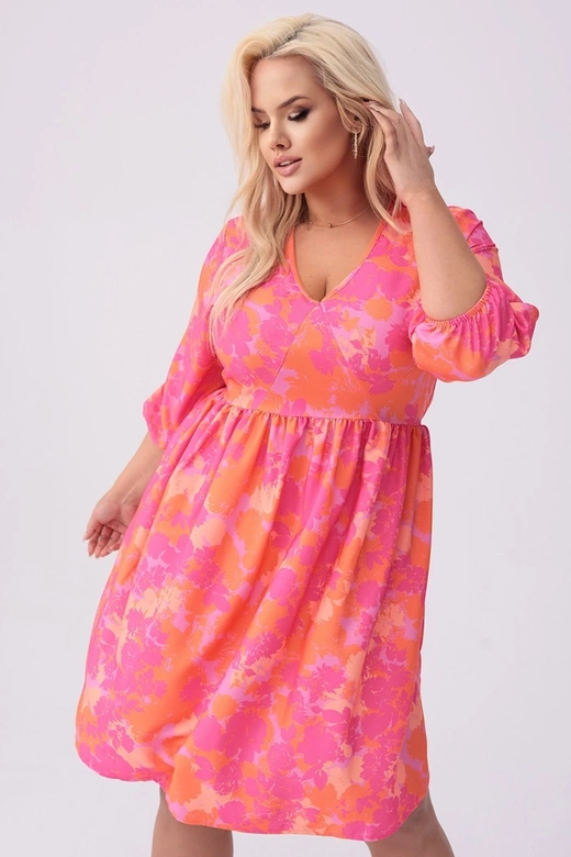 Rochie plus size cu imprimeu floral roz-portocaliu