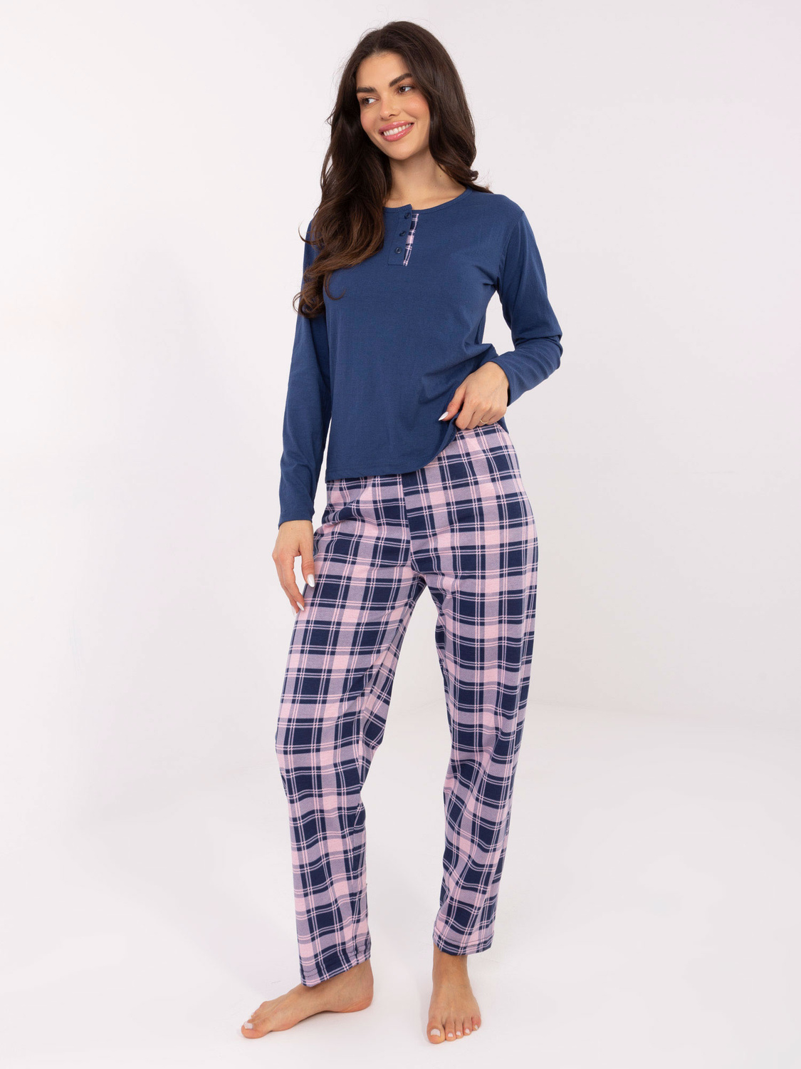 Pijama din bumbac, în două piese, de culoare albastru închis și roz