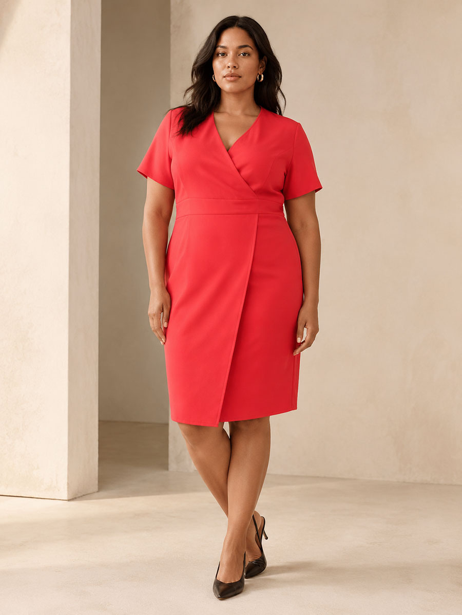 Rochie de culoare coral, mărime mare, cu decolteu tip plic