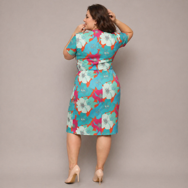 Rochie plus size cu decolteu tip plic, cu flori verzi și portocalii