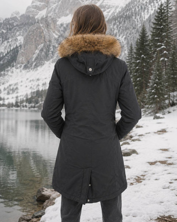 Parka de iarnă neagră, cu glugă și blană detașabilă