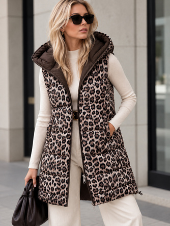 Vestă lungă tip 2 în 1, culoare ciocolată cu imprimeu leopard