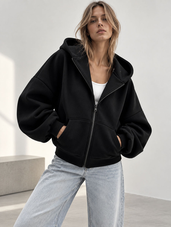 Hanorac oversize de damă cu glugă, de culoare negru