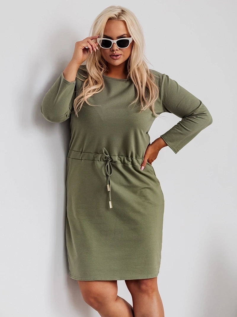 Rochie din bumbac de dimensiuni mari, cu mâneci 3/4, de culoare kaki